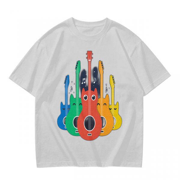 Olive T-Shirt With Colorful Cat Guitar Illustration