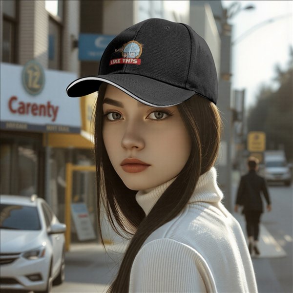 Black baseball cap with mirror and coffee graphic that says LIKE THIS