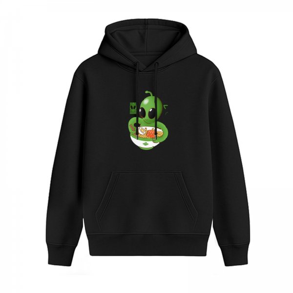 Black Hoodie With Cute Alien Eating Ramen Graphic