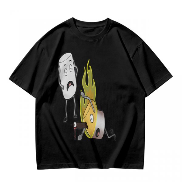 Olive T-Shirt With Cartoon Marshmallow and Burning Character Print