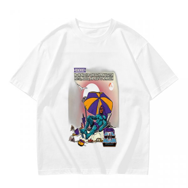 Olive T-shirt with Superhero Lounging Under Beach Umbrella Print