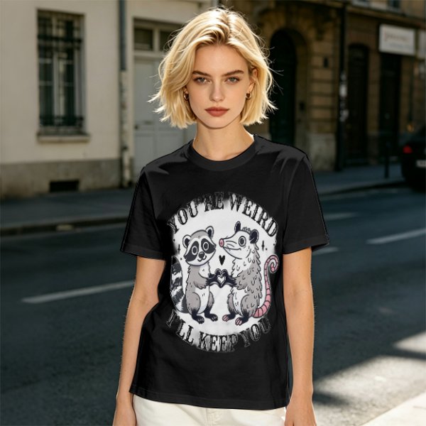Olive T-Shirt With Raccoon and Opossum Weird Love Graphic