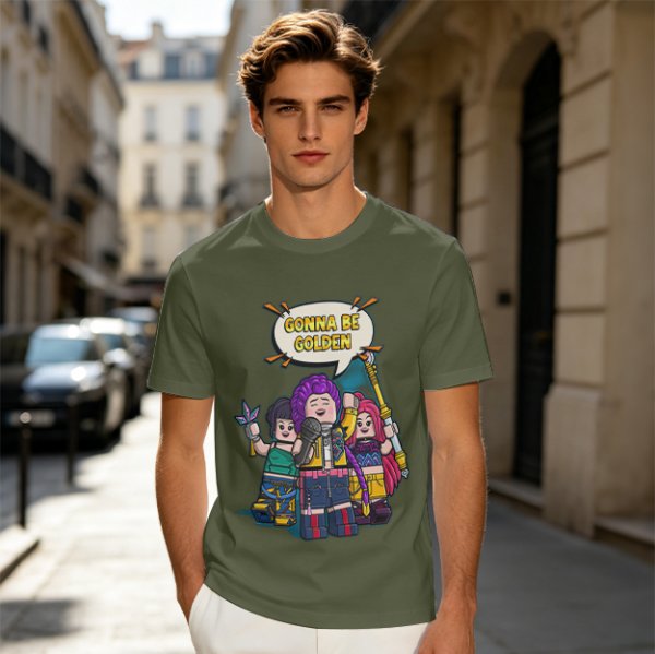 Olive T-shirt with Lego-style characters and 'Gonna Be Golden' print