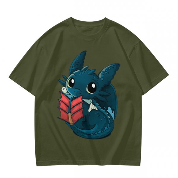 Olive T-Shirt With Cute Baby Dragon Reading Book Print