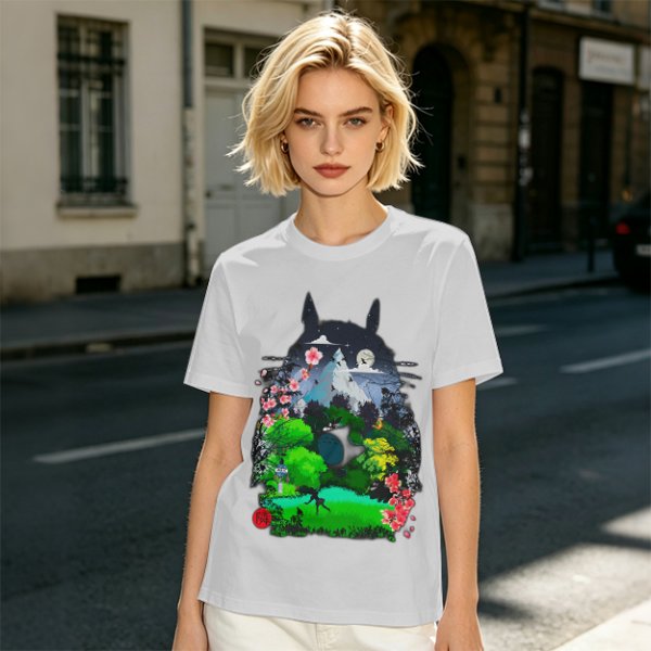 Olive Green T-Shirt with Totoro Nature Landscape Graphic Print