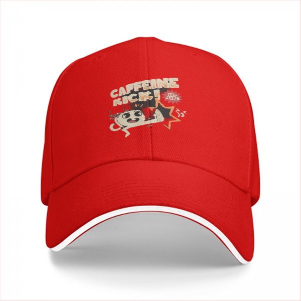 Black baseball cap with caffeine kick cartoon coffee mug graphic
