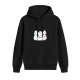 Black hoodie with three stylized white cartoon creatures graphic