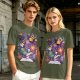 Olive T-Shirt With Cute Occult Monster And Spell Book Print