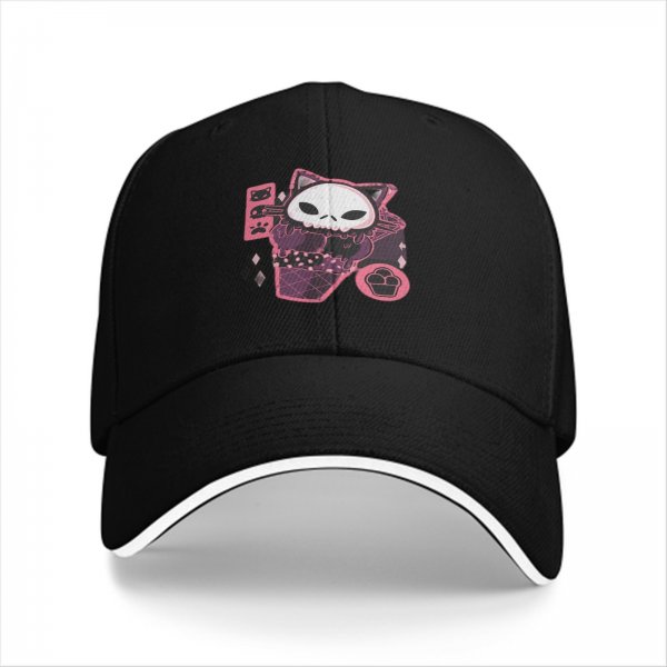 Black Baseball Cap With Cute Skull Cat Ice Cream Graphic