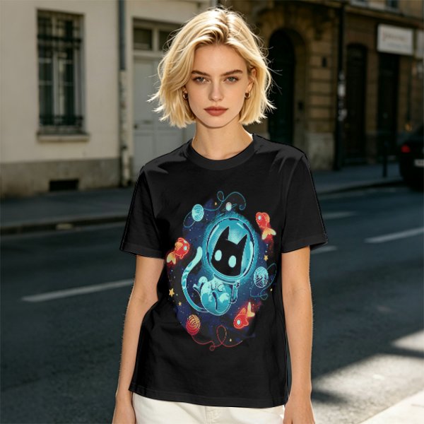 Olive t-shirt with space astronaut cat and goldfish graphic