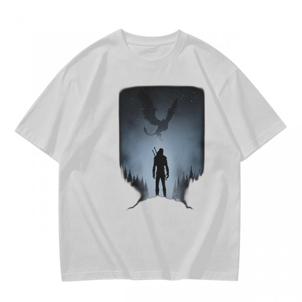 Olive T-Shirt With Dark Fantasy Silhouette Print Of Warrior And Winged Beast