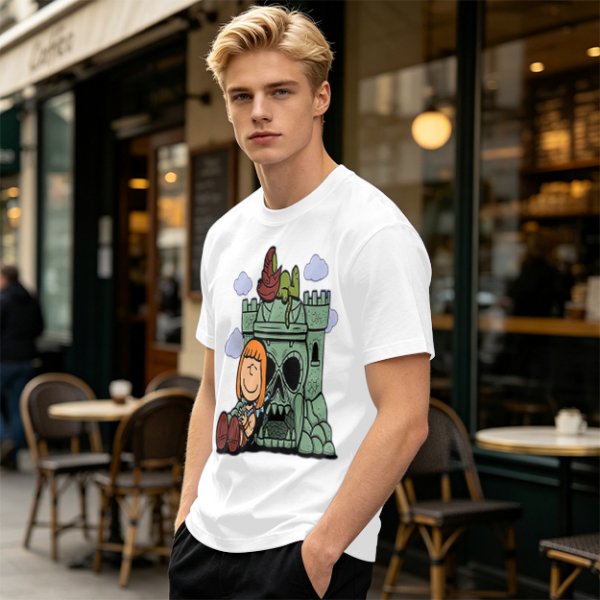 Olive T-shirt with Peanuts-style He-Man Castle Grayskull Graphic