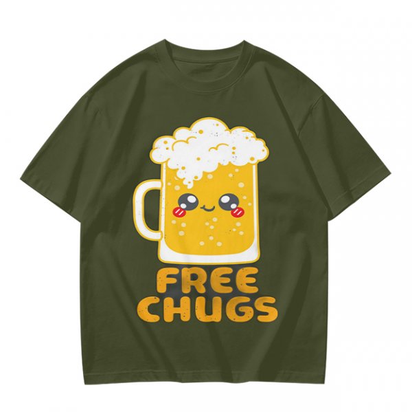 Olive Green T-Shirt With Cute Kawaii Beer Mug Free Chugs Print
