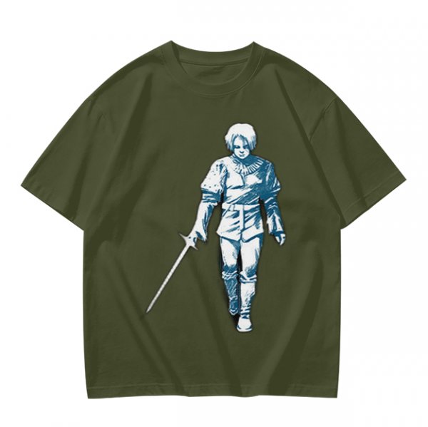 Olive T-shirt with Walking Swordsman Graphic Print