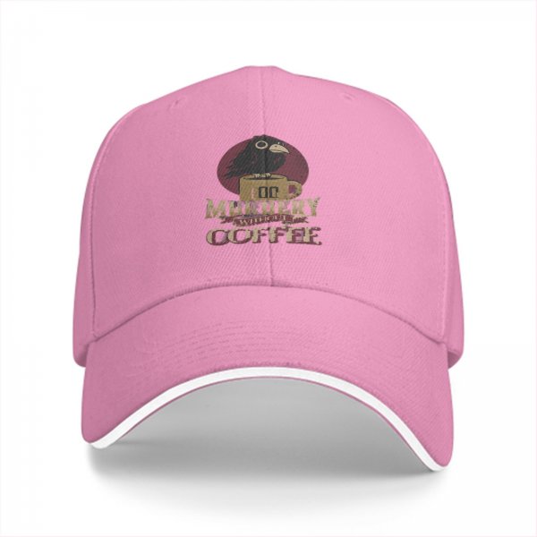 Black baseball cap with 'Too Murdery Without Coffee' crow graphic