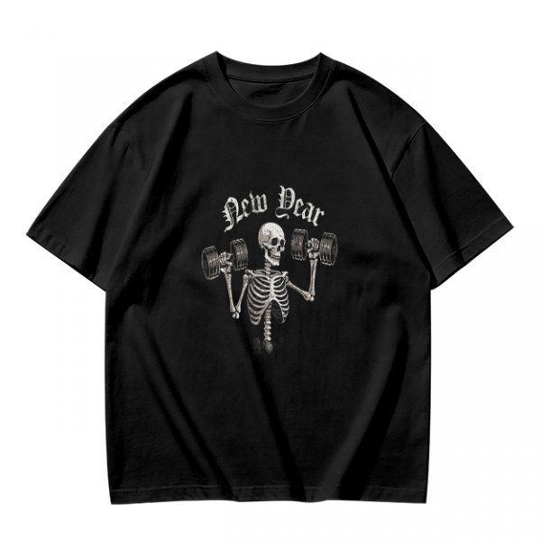 Olive T-Shirt With Skeleton Lifting Weights New Year Print