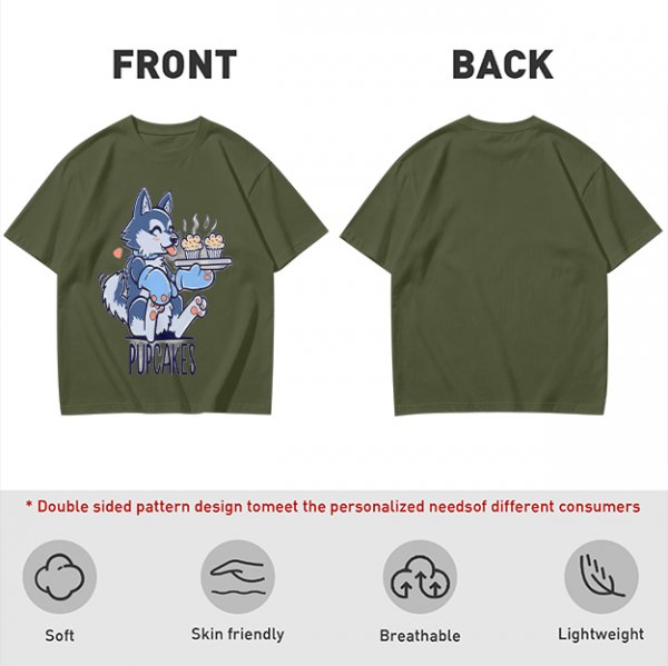 Olive green t-shirt with a husky holding pupcakes graphic