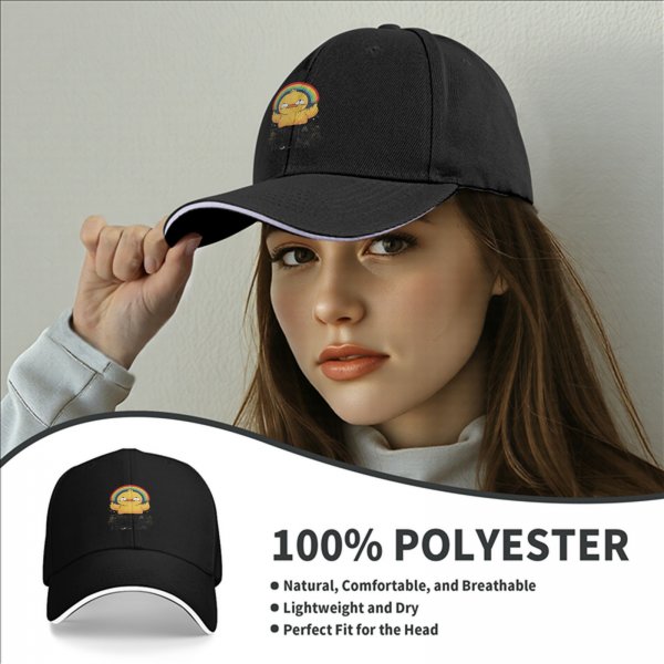 Black baseball cap with crying yellow duck and rainbow graphic