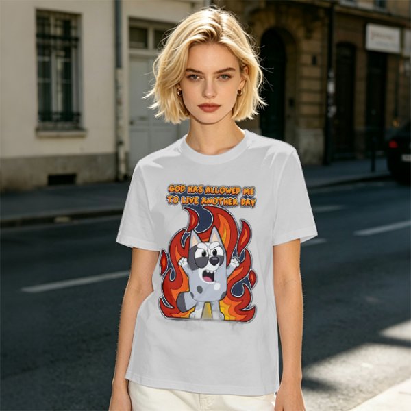 Olive t-shirt with cartoon dog and 'God has allowed me to live another day' print