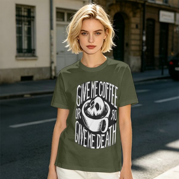 Give Me Coffee Or Death Skull Coffee Cup Graphic T-Shirt