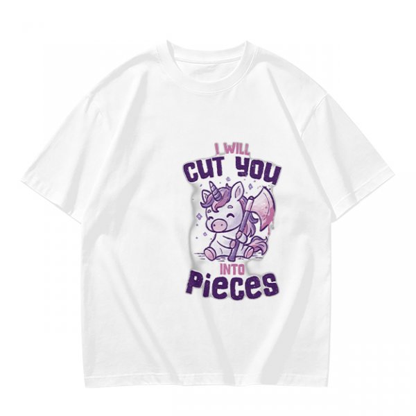 Olive t-shirt with a cute unicorn holding an axe and the text I will cut you into pieces