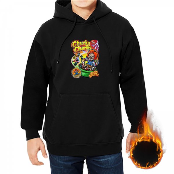 Black hoodie with Chucky Charms horror cereal graphic print