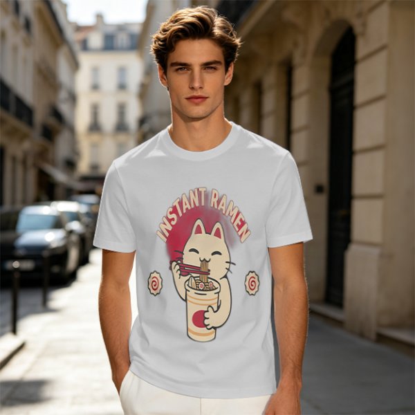 Olive green t-shirt with a cartoon cat eating instant ramen