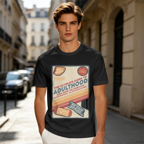 Olive t-shirt with retro guide to adulthood VHS-style print