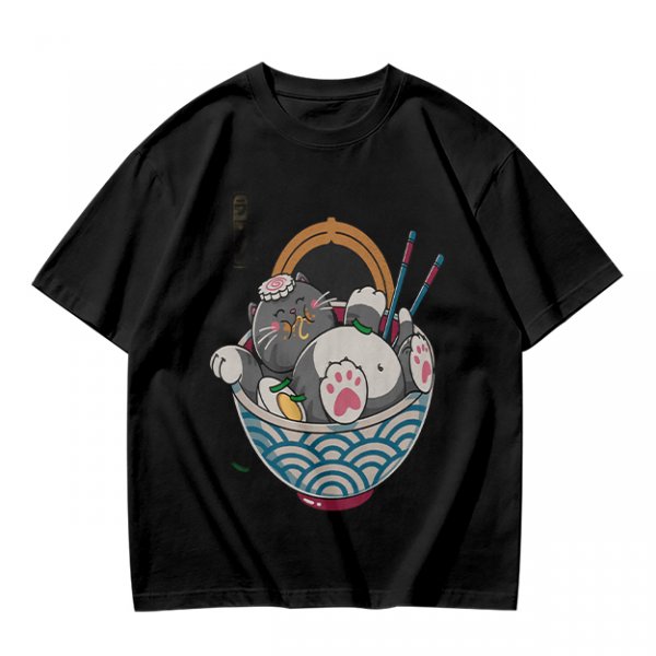 Oversized T-Shirt With Chubby Cat In Ramen Bowl Print