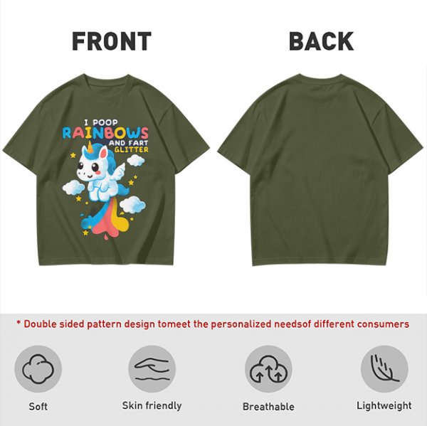 Olive t-shirt with playful unicorn rainbow poop and glitter fart graphic