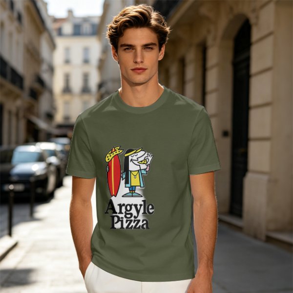 Olive T-Shirt with Surfer Pizza Character and Argyle Pizza Print