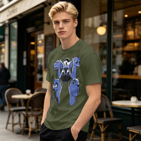Olive T-Shirt With Blue Fantasy Animal Heads Graphic Print