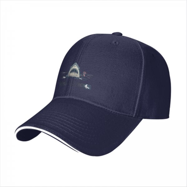Black baseball cap with shark graphic and 'NO' text print