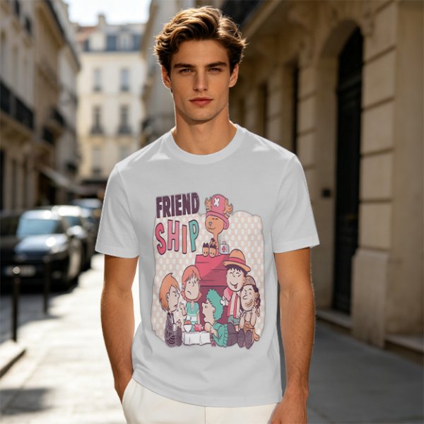 Olive T-Shirt with Friendship Themed Cartoon Crew Print
