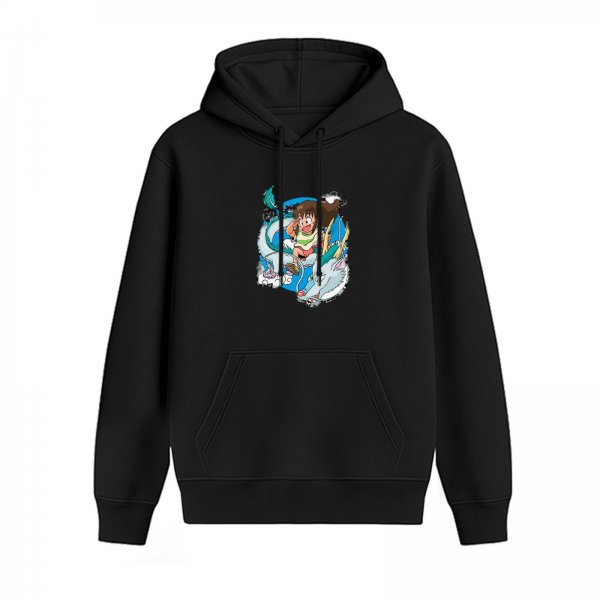 Black hoodie with Spirited Away Chihiro and Haku dragon graphic