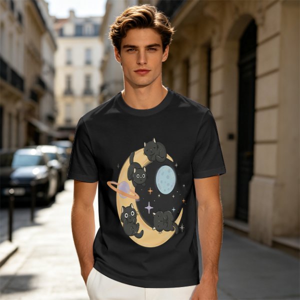 Olive T-Shirt With Black Cats On Crescent Moon Space Print