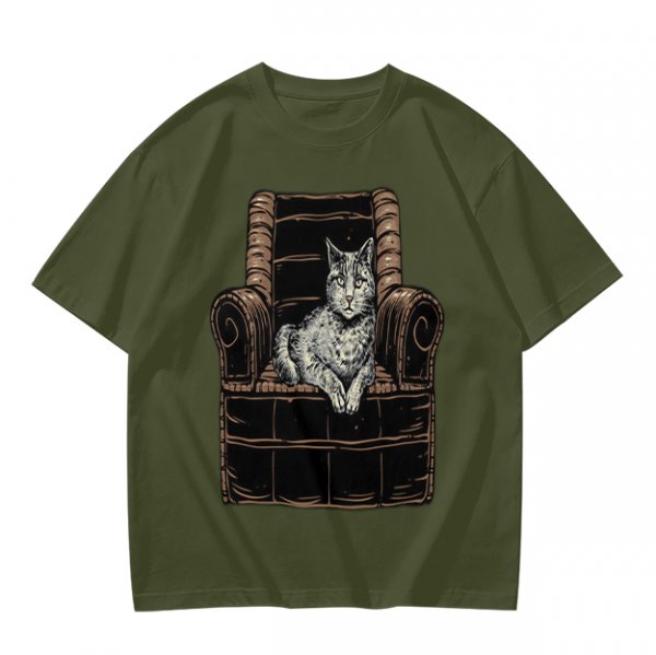 Olive Green T-Shirt With Cat In Armchair Graphic Print