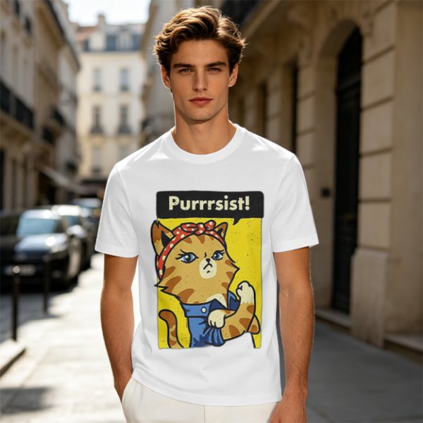 Olive green t-shirt with a cat in a Rosie the Riveter pose and 'Purrrsist!' text