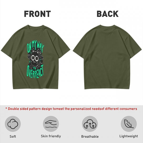 Oversized Olive T-Shirt With 'On My Way To Overreact' Cat Graphic