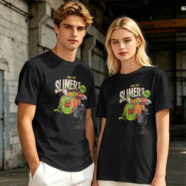 Olive green t-shirt with Slimer's Ghostbusters themed graphic print