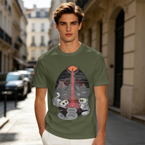 Olive T-shirt with Cat Sauron Tower Fantasy Art Print