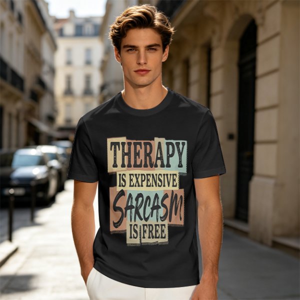 Olive graphic tee with 'Therapy is expensive sarcasm is free' print