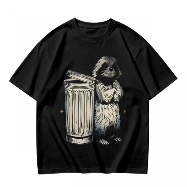 Olive Green T-Shirt With Raccoon Standing Next To Trash Can Graphic