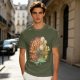 Olive Green T-Shirt with Whimsical Nature Floral and Rock Art Print