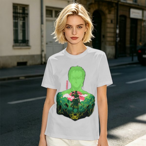 Olive Anime T-Shirt With Samurai Warrior Silhouette Art