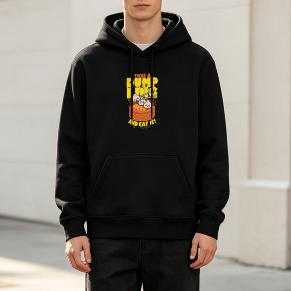 Black hoodie with take a dumpling and eat it graphic design