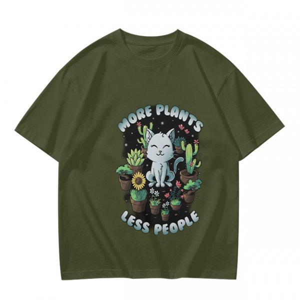 Olive T-shirt with 'More Plants Less People' Cat and Succulent Print