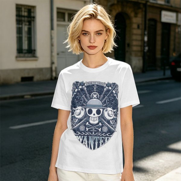 Olive T-shirt with Straw Hat Pirates Wanted Pirate Emblem Print