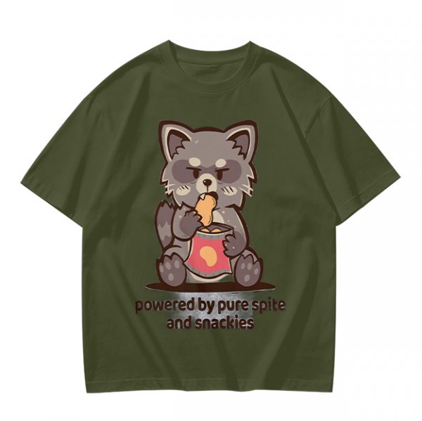 Olive t-shirt with a raccoon eating snacks and 'powered by pure spite and snackies' text