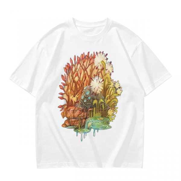 Olive Green T-Shirt with Whimsical Nature Floral and Rock Art Print